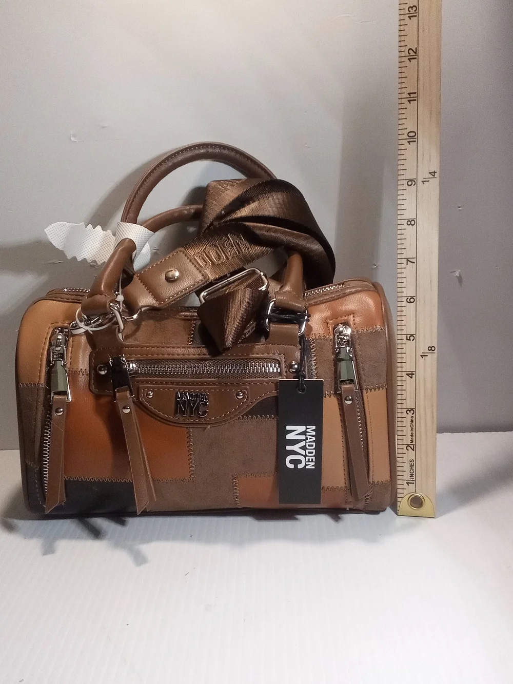 Madden NYC Brown Patchwork Satchel Top Handle, Small, Detachable Strap Zip